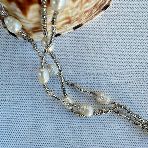 Freshwater Pearl & Silver-Tone Beaded Bracelet 7.25" Magnetic Closure - Picture 2 of 5